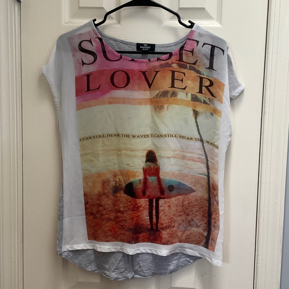 Mango White Graphic 'Sunset Lover' Tee with Pink & Orange Print